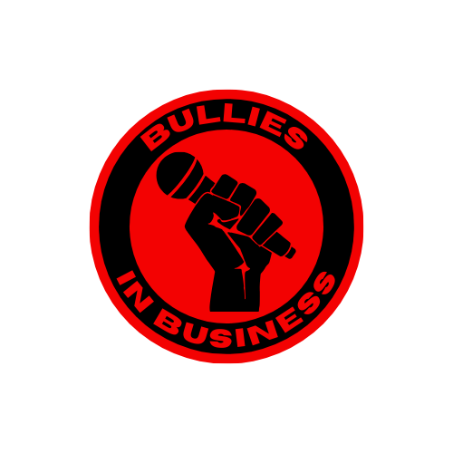 Bullies in Business logo with microphone fist icon
